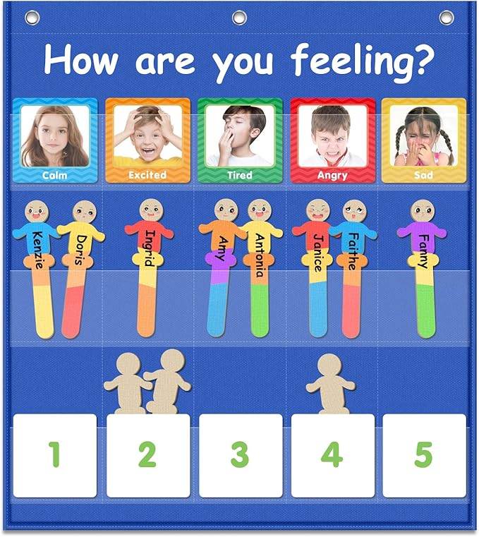 Eamay Emotions and Feelings Pocket Chart for Kids with 31 Cards,Social Emotional Learning Pocket Chart for Classroom and Home-School,Blue