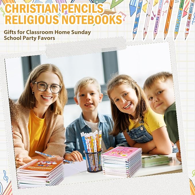 Crtiin Easter 48 Pcs Include 24 Bible Verse Notepad 24 Pencils Kids Christian Church Gifts Students Classroom Award Religious Notebook Bible Pencils Prayer Pocket School(Colorful Jesus,Eclectic)