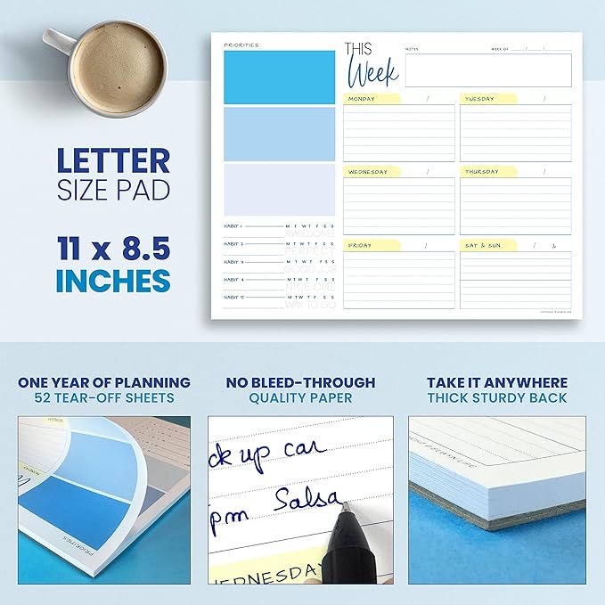 Weekly Planner Pad - Undated Planner - To Do List Notepad - Habit Tracker - 11 x 8.5" - 52 Tear-Off Sheets - Daily Planner Undated for Home Work Office Business - Goal Planner - Cute Planner (Blue)