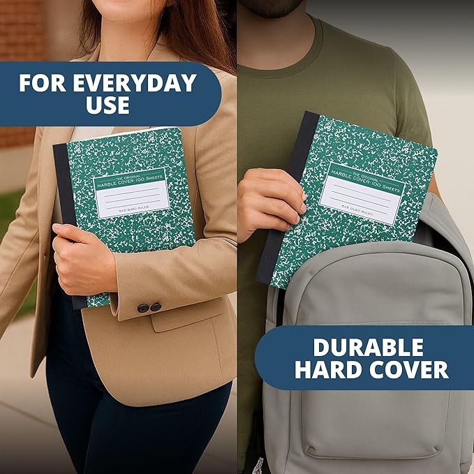 ROARING SPRING Hard Cover Composition Notebook, Green Marble Comp Book, 9.75″ x 7.5″, 5x5 Grid Graph Ruled, 100 Sheets (200 Pages), Made in USA