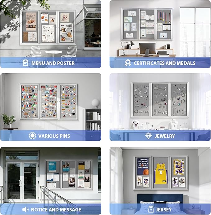 SWANCROWN Outdoor Bulletin Board 70x43in, Enclosed Bulletin Board with Locking Door for Office School Commerce, Grey Felt, Sliver Aluminum Frame