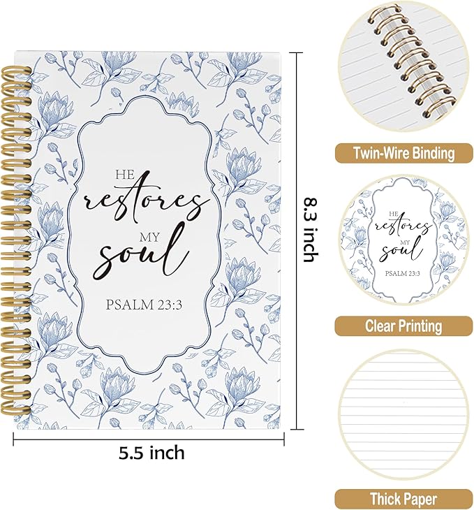 Pugwak Christian Journal Notebook - Blue FLower Bible Verse Religious Scripture Notebooks College Ruled for Work School, Gifts for Women, Office Supplies, Hardcover Spiral Notebook 5.5"x8.3"