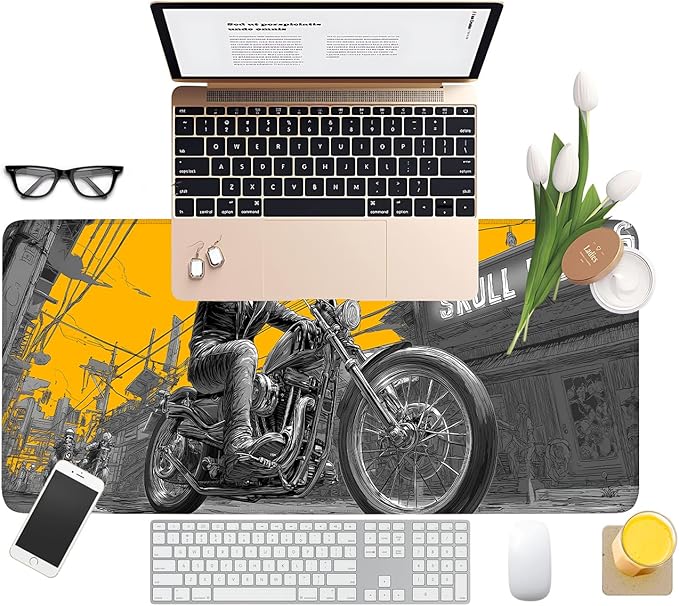 Skull Rider Cyberpunk Motorcycle Gaming Mouse Pad XL 31.5"x11.8" – Bold Yellow Graphic Desk Mat – Anti-Slip Rubber Base & Durable Stitched Edges for Gamers