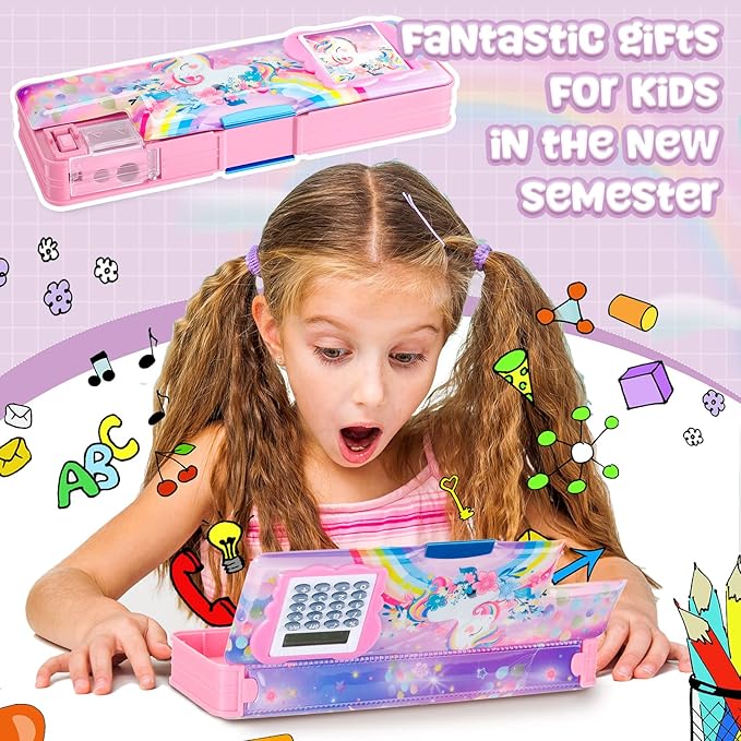 Henoyso Multifunctional Pencil Box for Girls Unicorn Pencil Case with Calculator and Sharpener Cool Cute Pencilcase School Supplies Essentials Valentine's Day Birthday Gift Present for Kids Teens