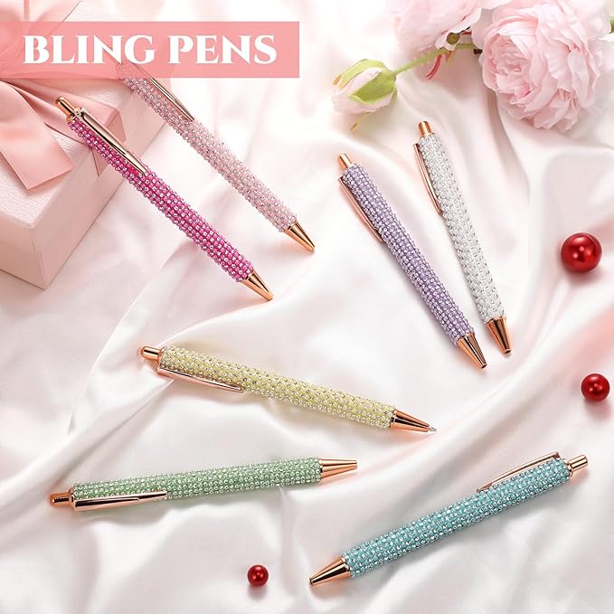 Sherr 7 Pcs Fancy Pens for Women Cute Sparkly Glitter Pens with 10 Pcs Black Ink Refills Pretty Gifts for Girls Office School Christmas Graduation(Pearl)