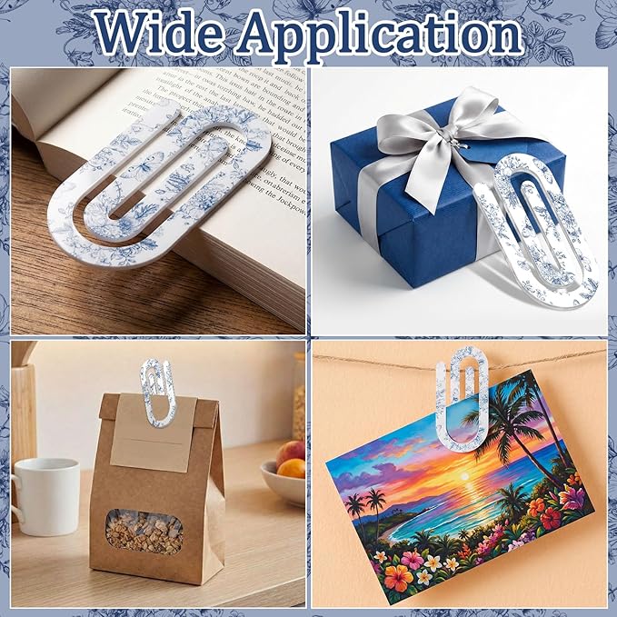 Tinlade 12 Pcs Blue Floral Jumbo Acrylic Paper Clips 4 x 2 Inch Blue and White Cute Giant Paperclips for Teachers Students Classroom Office Bookmark Gift Home Desk Accessories Book Lovers