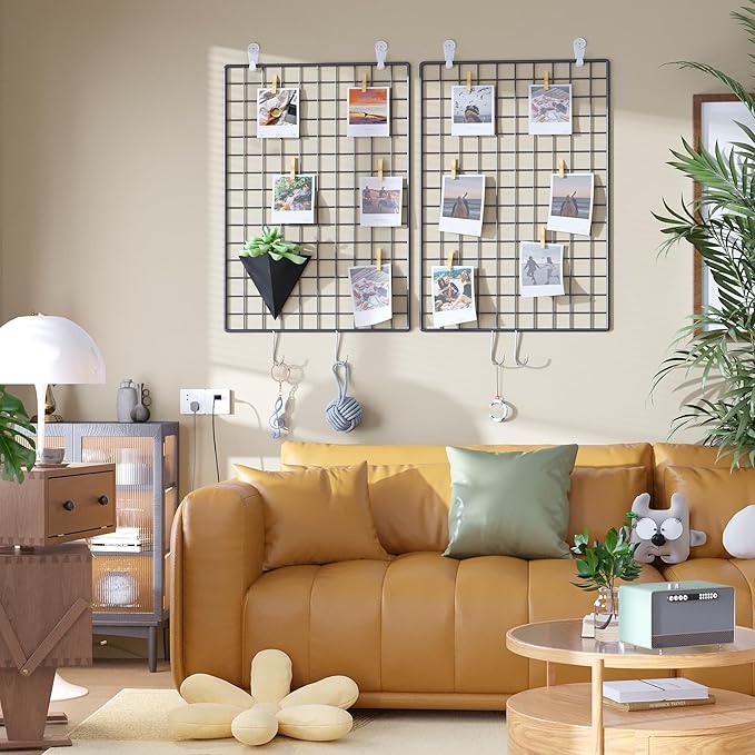 C&AHOME Photo Wall Display Set of 2, Grid Panel with Hooks, Clips, Hemp Cord, Hammer - 17.7" x 25.6", Black UWWGM4565B