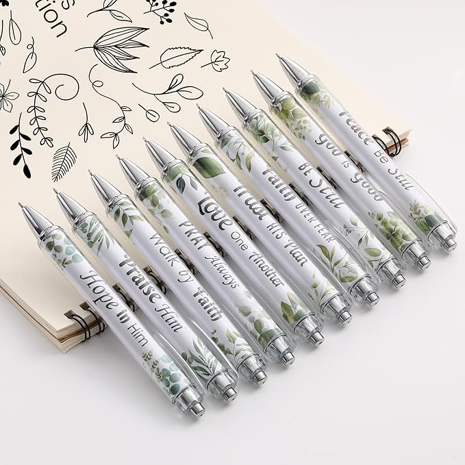Mr. Pen Christian Pen Set, 10 Pack, Green Elegance, Black Ink, Bible Verse Pens, No Bleed Through, Ballpoint Pens