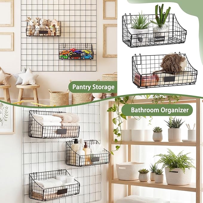 Blulu 4 Pcs Wire Wall Basket, Black Metal Grid Basket with Hooks Wall Hanging Storage Accessory for Vendor Trade Shows Kitchen Bathroom Pantry Supplies(15 x 7 x 6 Inch)
