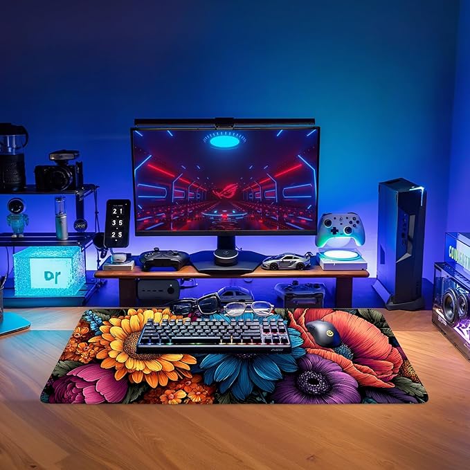 Flowers Extended Gaming Mouse Pad 31.5x11.8inches Large Desk Mat Anti-Slip Rubber Base & Durable Stitched Edges for Gamers Smooth Mouse Writing Surface for Desk Office/Home