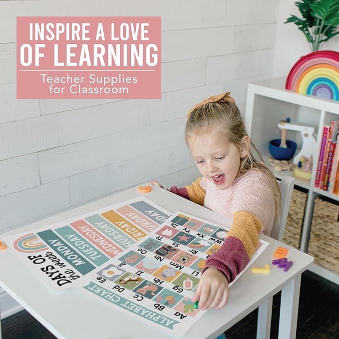 Hadley Designs 16 Educational Posters for Classroom Decor - Learning Posters for Toddlers 1-3, Alphabet for Classroom Wall, Daycare Essentials, Homeschool Posters Preschool, Boho Playroom Decor