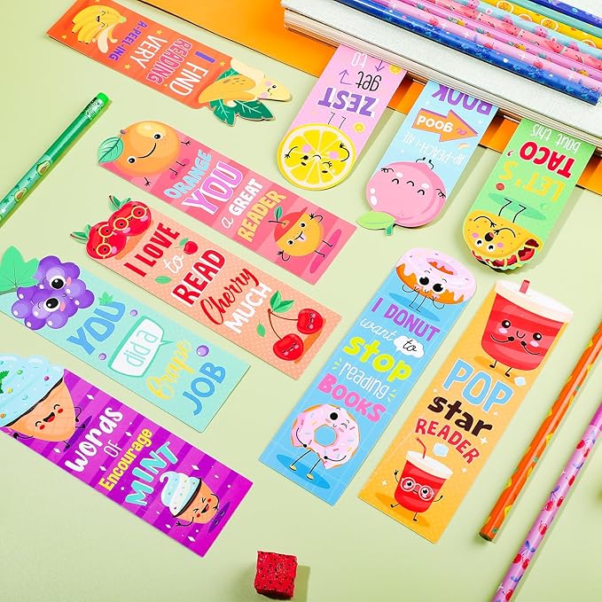 Teling 60 Pcs Inspirational Scented Pencils and Scented Bookmarks Sets Funny Smelly Pencils with Eraser Fruit Theme Bookmarks Cute Stationery Bulk for Reading Rewards Party Favors