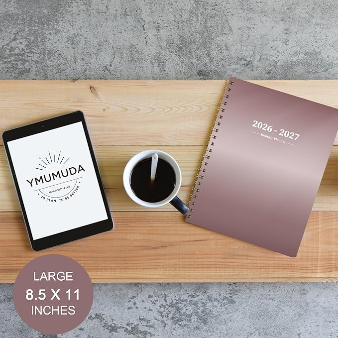 Ymumuda 2026 Monthly Planner - 2 Year Monthly Planner, JAN.2026 to DEC.2027, 8.5" x 11", Large Calendar with Spiral Bound, 24 Coated Tabs,24 Months Perfect for School & Office Schedule, Rose Gold