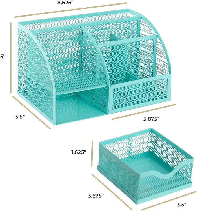 BLU MONACO Aqua Desk Organizer | Metal Turquoise Stationery Holder With Drawer and Compartments | Desktop Storage for School, Bedroom, Locker and Home | 5.5โD x 8.6โW x 5โH Accessory Caddy