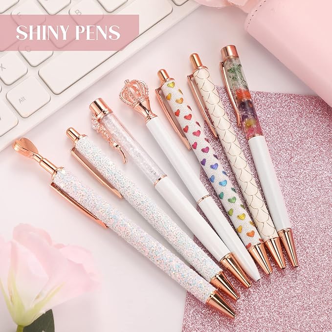 Janmini 9 Pcs Ballpoint Pens Set Metal Crystal Diamond Glitter Pens for Journaling Black Ink Pretty Cute Things Fancy Stationery Gifts for Women Girls Birthday Home Office Desk(White)