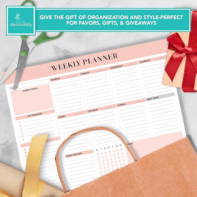 Decorably 52 Sheets Nude Pink Undated Weekly Planner Notepad Tear Off, 11x8.5in Weekly to Do List Notepad Tear Off for Focus, Priorities, To-Do List, Habit Tracker, Agenda, Notes