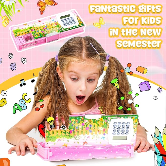 Henoyso Multifunctional Pencil Box for Girls Flower Pencil Case with Calculator and Sharpener Cool Cute Pencilcase School Supplies Essentials Christmas Birthday Gift Present for Kids Teens