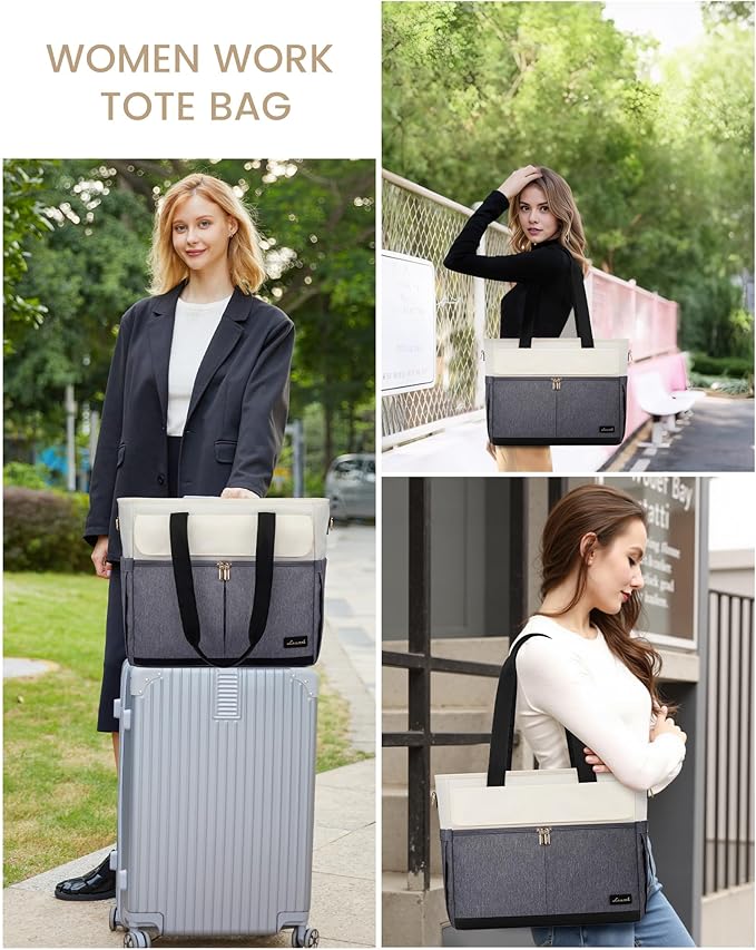 LOVEVOOK Laptop Bag for Women 15.6 Inch Canvas Laptop Large Capacity Work Bags Mutiple Pockets Teacher Bag Water Resistant Computer Bags for Business Travel Nurse, Gray Beige