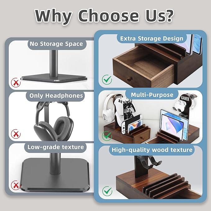 Gamer Wood Controller Holder and Headphone Stand with Storage Drawer for Gaming Equipment,Gamer Gifts for Teenage Boy,Gaming Desk Accessories for Men,Brother,Son,Boyfriend,Husband