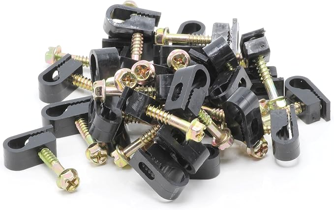 THE CIMPLE CO Wire Clips, Single Cable Wall Clip, Coaxial, Cat6, Electrical Wire, Ethernet, 1/4 in (6 mm) Screw Fastener, 50 Pack, Black