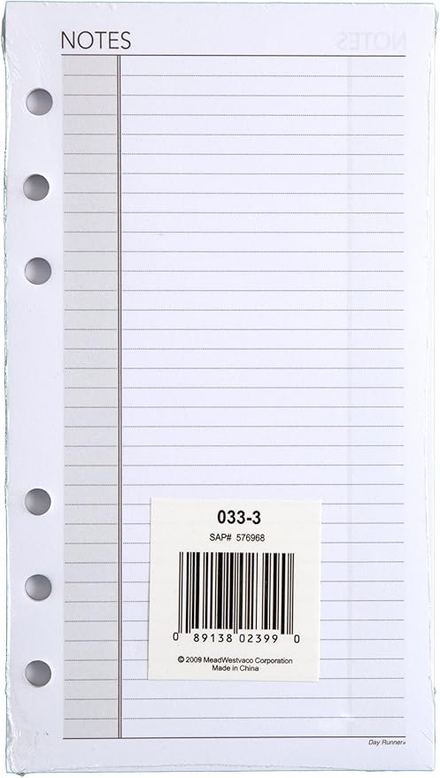 AT-A-GLANCE Day Runner Lined NotePad Pages, Refill, Loose-Leaf, Undated, for Planner, 3-3/4" x 6-3/4", Size 3, 30 Sheets/Pack (033-3)