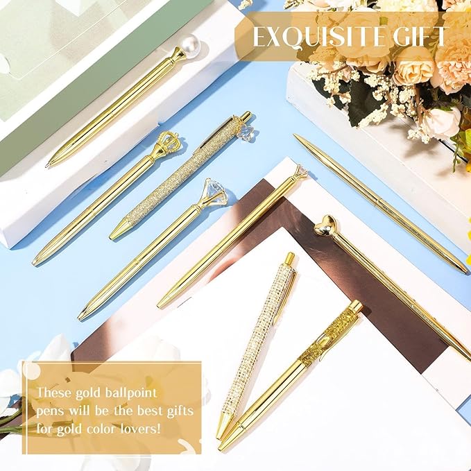 Janmini 9 Pcs Ballpoint Pens Set Metal Crystal Diamond Glitter Pens for Journaling Black Ink Pretty Cute Things Fancy Stationery Gifts for Women Girls Birthday Home Office Desk(Gold)