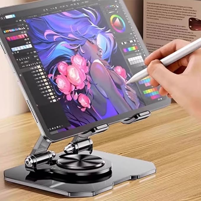 Tablet Stand for iPad, 360° Rotating Desktop Holder, Carbon Steel Adjustable Foldable Desk Holder, for iPad Pro Air Samsung, for 4" -13" Tablets, Portable Home/Office, 2026 Upgraded - Black