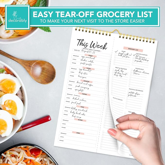Decorably 52 Sheets Minimal Pink Undated Magnetic Weekly Meal Planner and Grocery List Notepad with 4 Strong Magnets - 8.5x11in Spring-Bound, Refrigerator Mountable, Easy Tear-Off Design