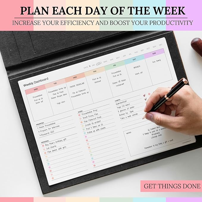 Weekly Dashboard To-Do List Notepad โ Undated Weekly Planner with Habit Tracker & Notes โ Minimalist A4 Layout for Productivity, Organization & Time Management (Colorful)