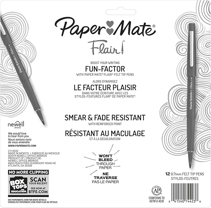 Paper Mate Flair Felt Tip Pens, Medium Point (0.7mm), Assorted Colors, 12 Count - For Arts & Crafts, Note-Taking, Journaling, School Supplies for Teachers & Students