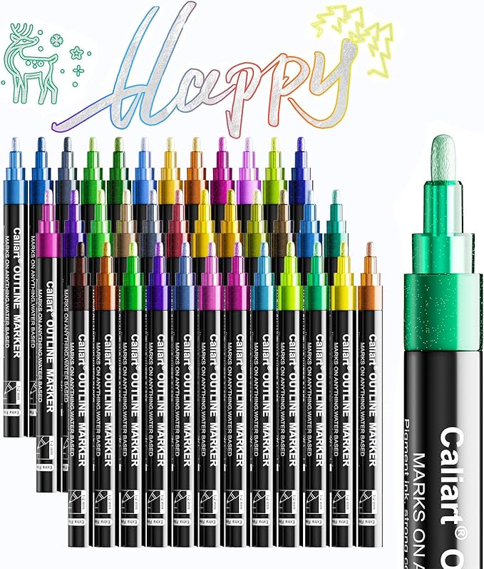 Caliart 36 Colors Outline Markers Shimmer Glitter Pens, Doodling Marker Set for Adults Artists, Cool Fun Craft Drawing Art Supplies