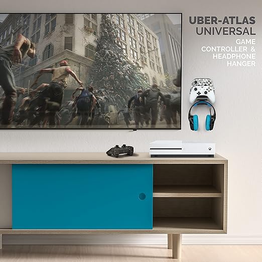 The UberAtlas Dual Game Controller & Headphone Stand Wall Mount Holder for Xbox ONE, Series X, PS5, PS4, PS3, Switch, STEELSERIES Gamepad & More, Stay Organized No Screws, by Brainwavz (Two Pack)