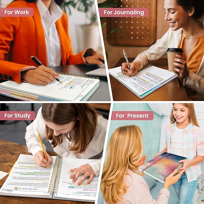 Large Spiral Lined Notebooks for Work with Removable Dividers & Tabs, 8.5"x11" Pretty Hardcover 5 Subject Notebook Journal for Women, College Ruled, Perfect for Study & Office Organization, 280 Pages,Sunset