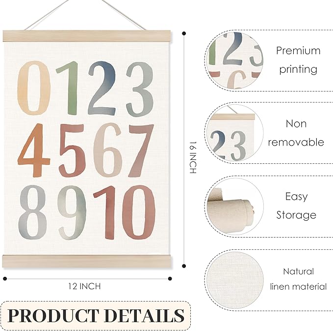 Koesus Boho Classroom Alphabet Numbers 1-10 Wall Art Poster Hanger Frame 12x16 Inch Set of 2, Educational Canvas Pictures Prints Framed Wall Decor for Toddler Kids Room Nursery Classroom Playroom