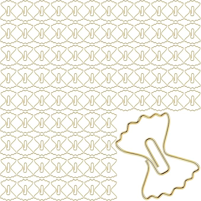 Jetec 100 Pcs Pasta Paper Clips Gold Cute Fancy Mini Bow Shaped Stainless Steel Metal Bookmarks Bulk for Office Stationery School Supplies Document Note Sorting Wedding Decoration