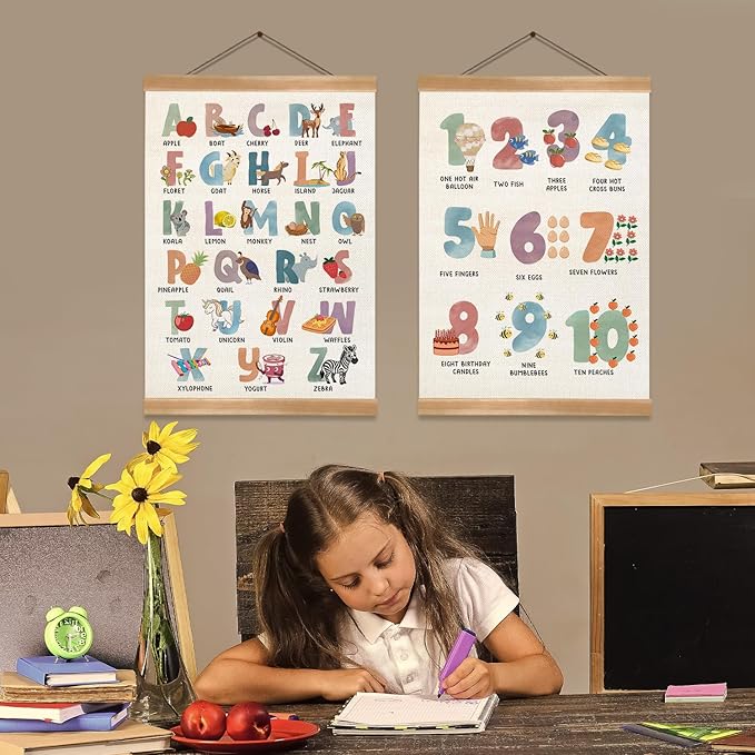 ZTGDA Cute Alphabet Numbers Poster Set of 2, Alphabet Numbers Wall Art, ABC Banner Poster, Wall Hanging Decor for Toddler Room Playroom Nursery Wall Classroom Decor 12x16In(ABC+123)