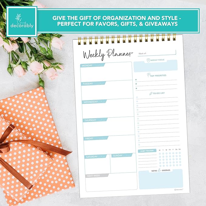 Decorably 52 Sheets Blue Undated Weekly Planner Notepad Small - 6.5x10in Spring-Bound, Easy Tear-Off Design, with Focus, Priorities, to-do List, Habit Tracker, Notes and Doodles - Home, School, Office