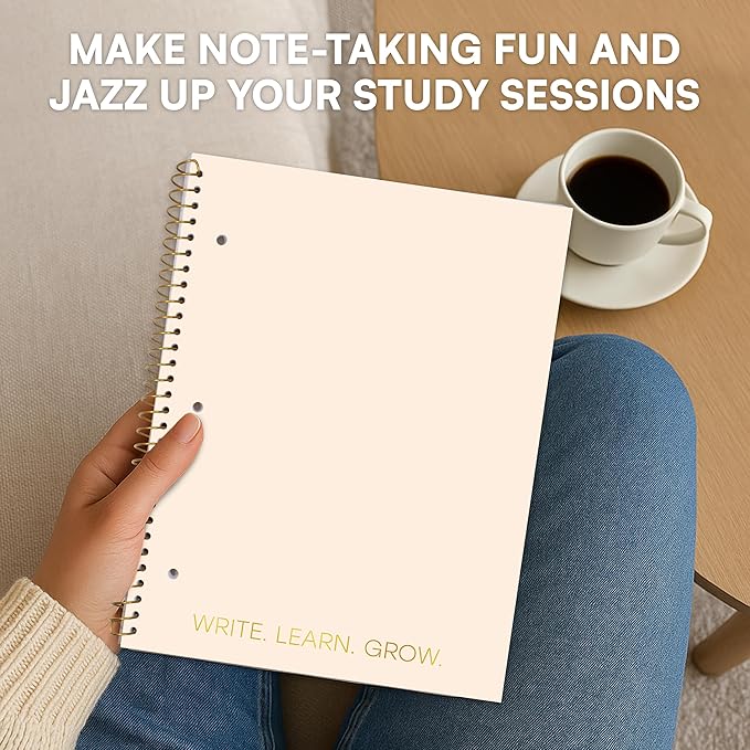 Decorably 5-Pack 140 Pages Gold Foiled Spiral Note Books College Ruled with Stickers, 8x10.5in Spiral Bound Cute College Ruled Notebook, 3-Hole Punched, Easy Tear-Off Perforated Pages - Work, School