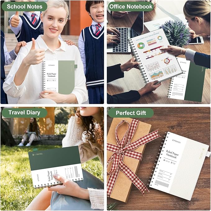 EMSHOI Lined Spiral Journal Notebook, B5 College Ruled Notebook, 300 Pages/150 Sheets, 100gsm Acid-Free Paper, Waterproof Softcover Notebook for School, Work, Note Taking, 7.48" × 10.15" - Light Green