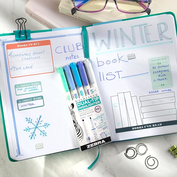 Zebra Pen Mildliner Dual-Tip Highlighter Set, Broad and Fine Tips, No Bleed, Ideal for Bible Highlighting, Journaling and Note-Taking, Assorted Winter Solstice Ink Colors, 5-Pack (78325)