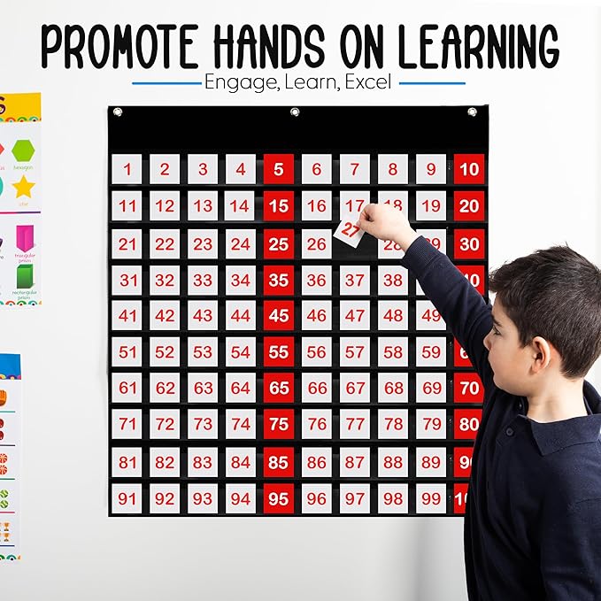 Essex Wares 29" Wide x 27.5" Tall 100 Pocket Chart for Classroom - Hundreds Chart for Classroom for Dynamic Math Education - Number Chart 1-100 for Kids for Wall, Counting Pocket Chart in Black
