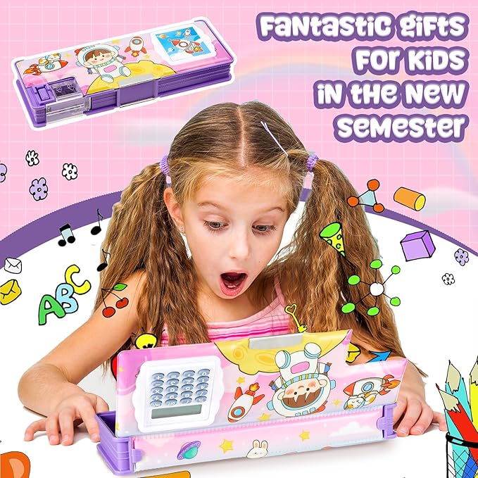 Henoyso Multifunctional Pencil Box for Girls Space Pencil Case with Calculator and Sharpener Cool Cute Pencilcase School Supplies Essentials Christmas Birthday Gift Present for Kids Teens