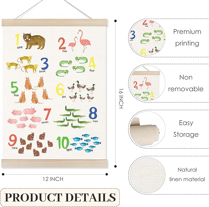 Koesus Animal Alphabet Numbers 1-10 Wall Art Poster Hanger Frame 12x16 Inch Set of 2, Educational Canvas Pictures Prints Framed Wall Decor for Toddler Kids Room Nursery Preschool Classroom Playroom