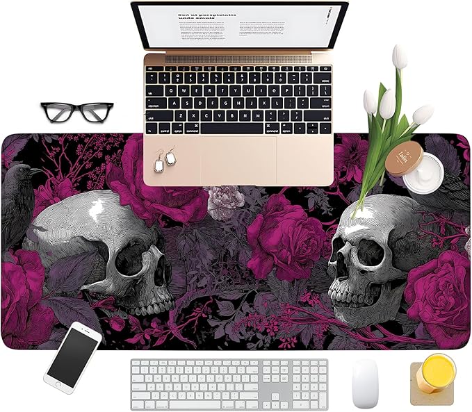 Skull and Roses XXL Extended Gaming Mouse Pad 35.4 x 15.7 Inch – Large Gothic Desk Mat with Non-Slip Rubber Base, Smooth Cloth Surface, Stitched Edges