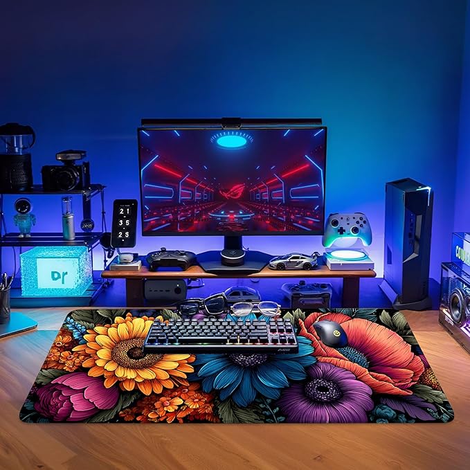 Flowers Extended Gaming Mouse Pad 35.4x15.7Inch Large Desk Mat Anti-Slip Rubber Base & Durable Stitched Edges for Gamers Smooth Mouse Writing Surface for Desk Office/Home
