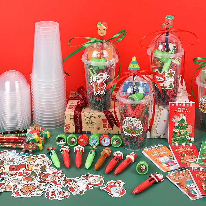 LiYiQ 247 Pcs Christmas Party Favors Return Gifts for Party, Student Stationery Gifts from Teacher, Pencil Erasers Notebooks Stickers for Classroom Birthday Goodie Bags Rewards Prizes