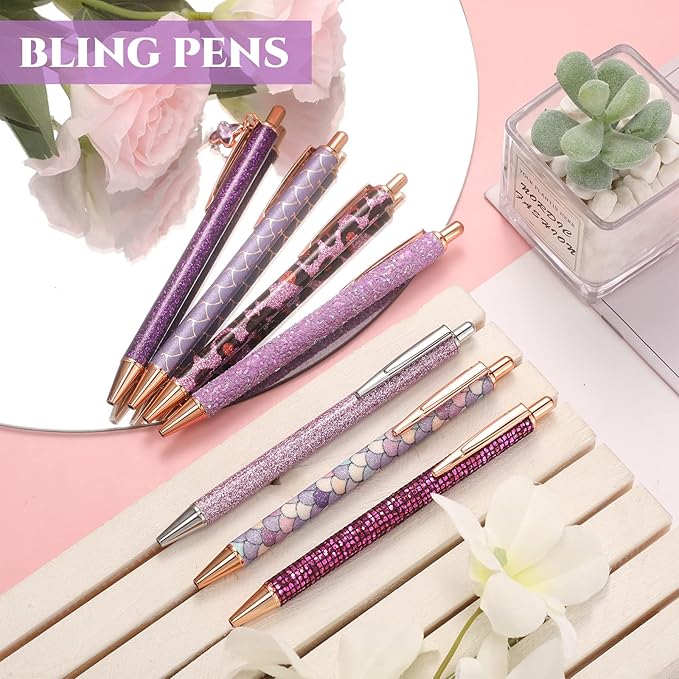 Sherr 7 Pcs Fancy Pens for Women Cute Sparkly Glitter Pens with 10 Pcs Black Ink Refills Pretty Gifts for Girls Office School Christmas Graduation(Stylish)