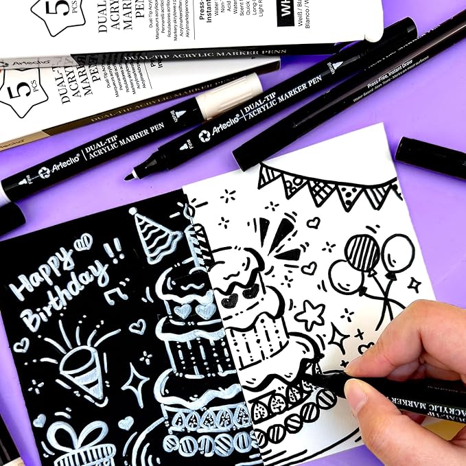 Artecho Dual Tip Acrylic Paint Pen Black 5pcs set-Fine Tip and Brush Tip for Stone, Rock Painting, Paper, Pumpkin, Wood, Egg, Canvas, Ceramic, Fabric, leather, Glass, DIY Crafts