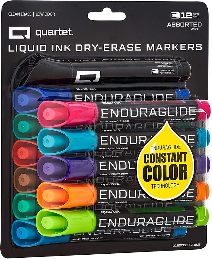Quartet Dry Erase Markers, Whiteboard Markers, Chisel Tip, EnduraGlide, White Board Dry Erase Pens for Teachers, Home, School & Office Supplies, Assorted Colors, 12 Pack (Q120000ECA)