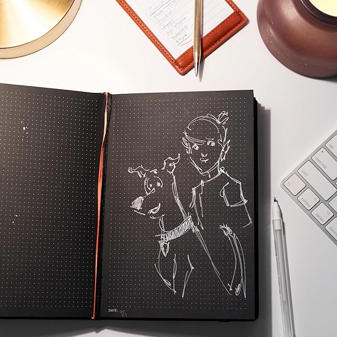 Notsu Pitch Black Paper Notebook A5 Dotted Journal | Minimalist Bullet Dot Grids with 160 Black Pages of Premium Thick 150gsm Paper, Vegan Leather Hardcovers